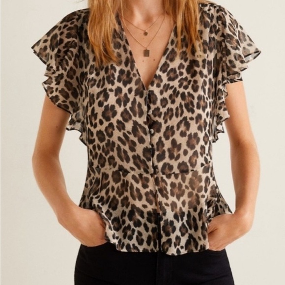 MNG Suit by Mango Ruffled Leopard Print Blouse Size 4 EUC - Picture 1 of 7